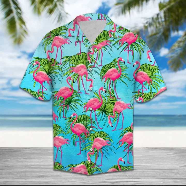 Flamingo Tropical Palm Leaves Summer Vacation Themed Trendy Hawaiian Shirt Flamingo Tropical Palm Leaves Summer Vacation Themed Trendy Hawaiian Shirt