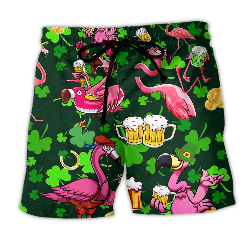 Flamingos Drink Beer Patricks Day Pattern Trendy Aloha Hawaiian Beach Shorts
