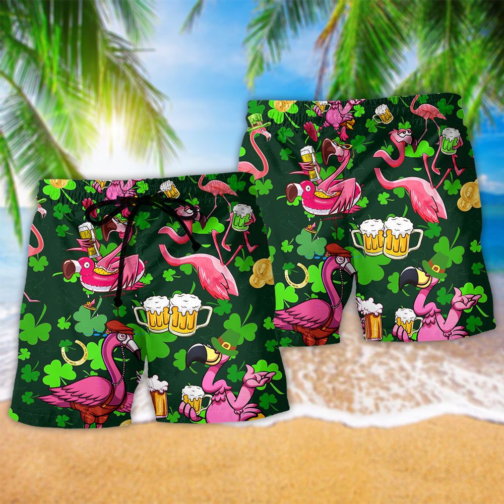 Flamingos Drink Beer Patricks Day Pattern Trendy Aloha Hawaiian Beach Shorts
