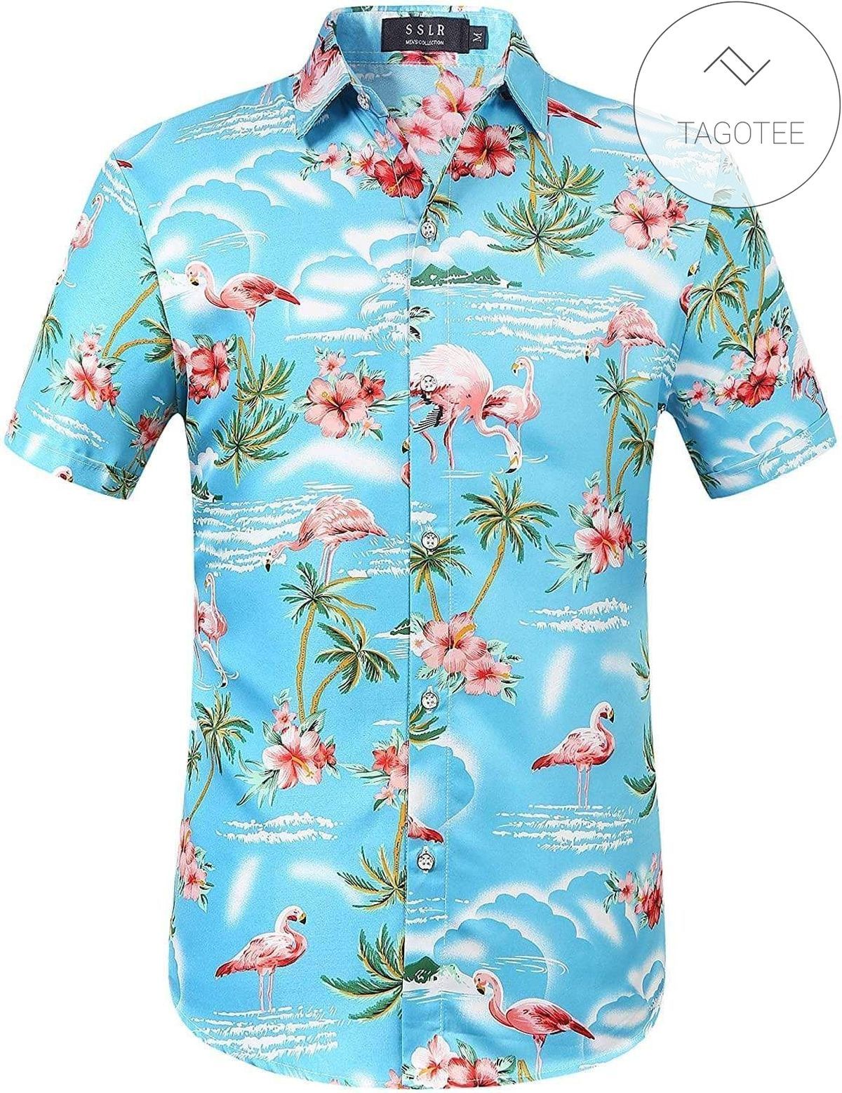 Flamingos Grace This Casual Blue Hawaiian Shirt With A Funky Twist