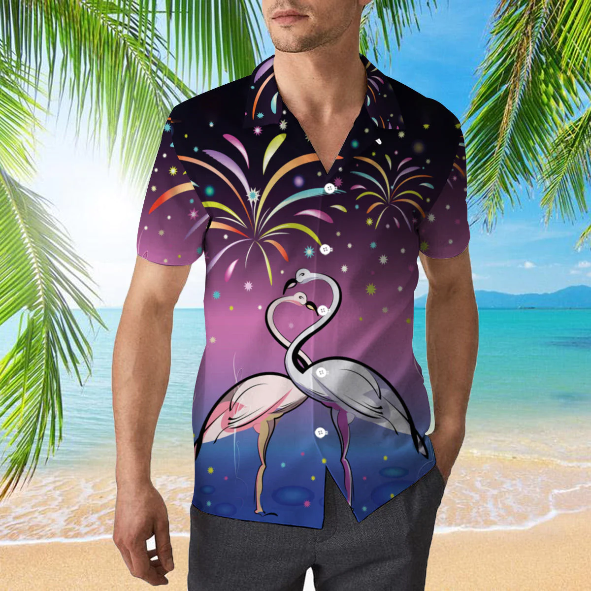 Flamingos On Firework Trendy Hawaiian Shirt For Aloha Shirt