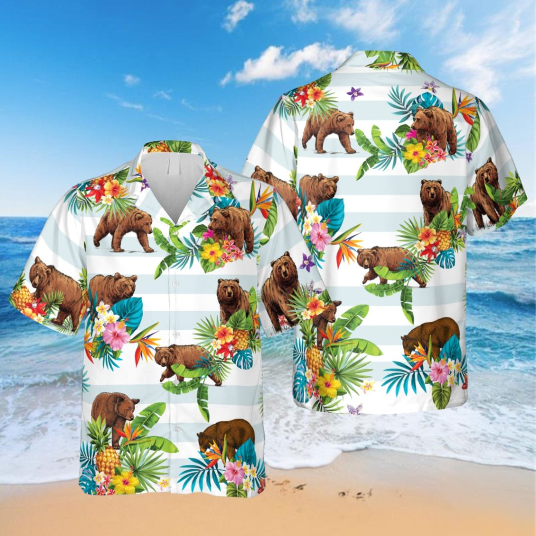 Floral Bear White Trendy Hawaiian Shirt, Vintage Shirt For Men