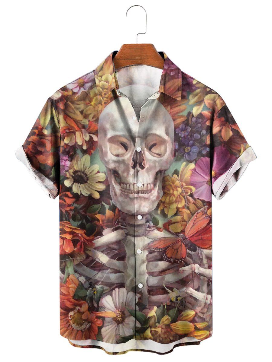 Floral Butterfly Skull Print Short Sleeve Shirt