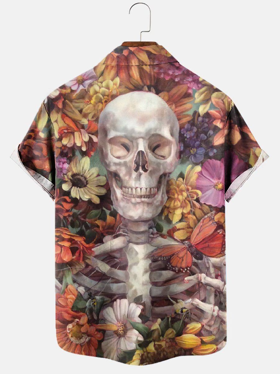 Floral Butterfly Skull Print Short Sleeve Shirt