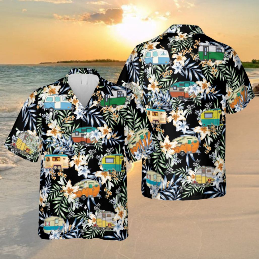 Floral Campers Black Trendy Hawaiian Shirt, Summer Clothing For Him