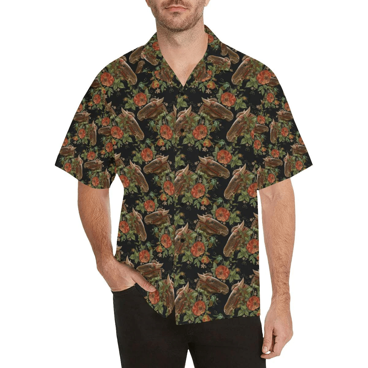Floral Designed Horse Embroidery Hawaiian Shirt for Summer