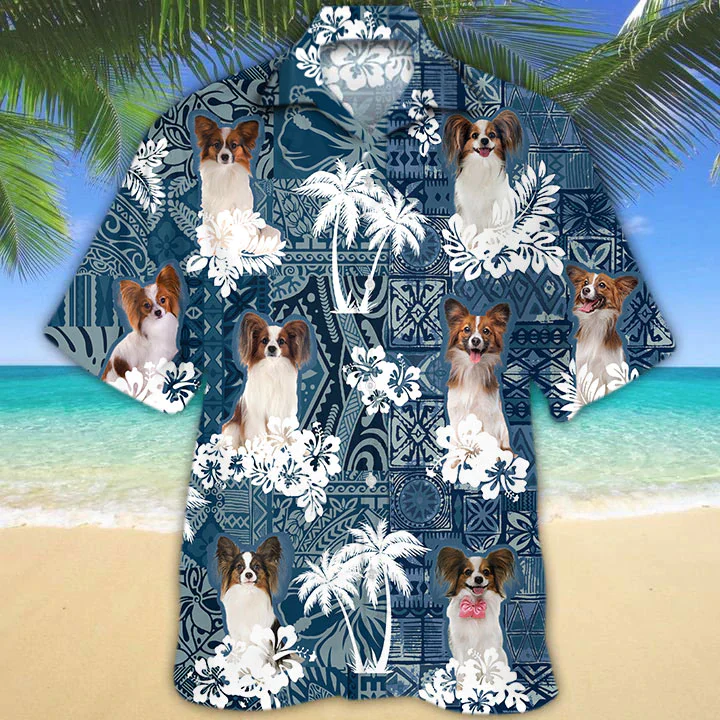 Floral Majesty Meets Papillon Dog on Aloha Hawaiian Shirt
