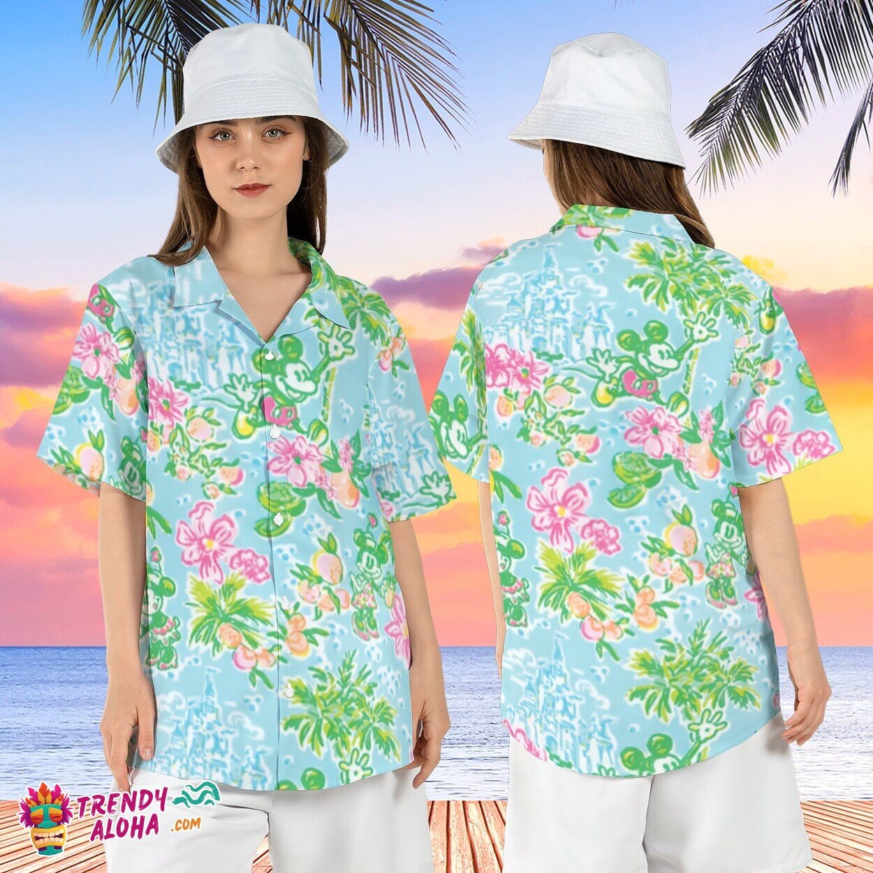 Floral Mickey Minnie Tropical Aqua Pink Disneyland Summer Shirt