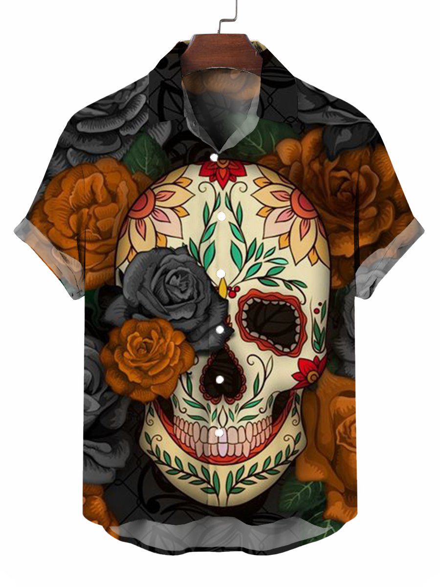 Floral Sugar Skull Print Short Sleeve Button Down Shirt Floral Sugar Skull Print Short Sleeve Button Down Shirt