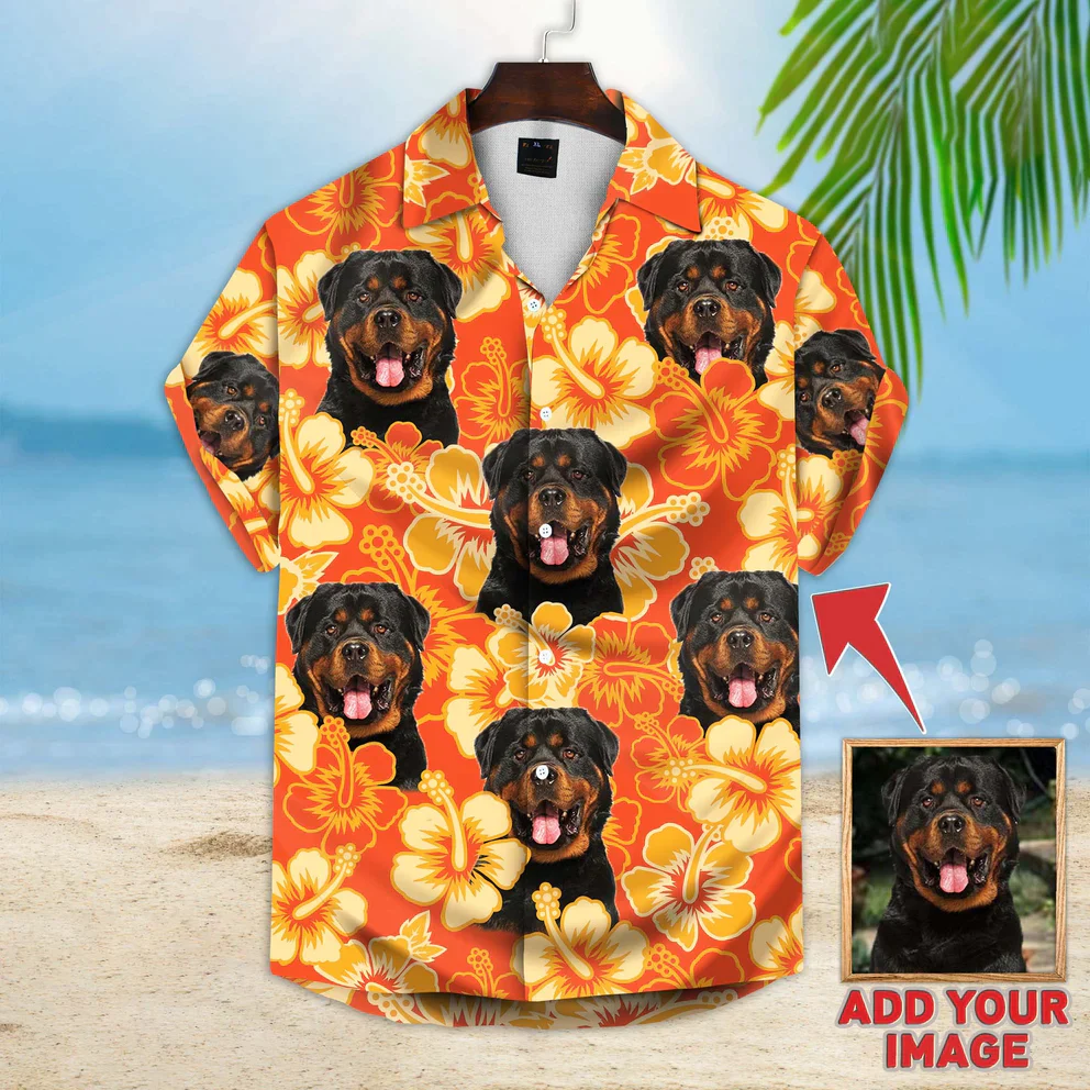 Floral Summer With Palm Trees Pattern Short-Sleeve Trendy Hawaiian Shirt, Custom Photo Dog Trendy Hawaiian Shirt
