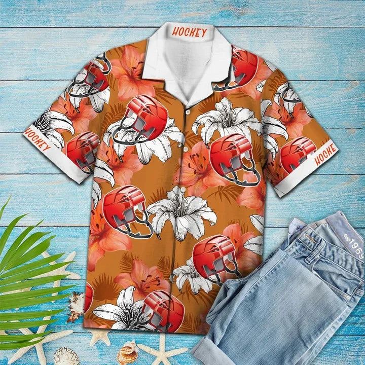 Flower Hawaiian Shirt Men, Vivid Flower And Hockey Helmet Gift For Hockey Lover Hawaiian Shirt Flower Hawaiian Shirt Men, Vivid Flower And Hockey Helmet Gift For Hockey Lover Hawaiian Shirt