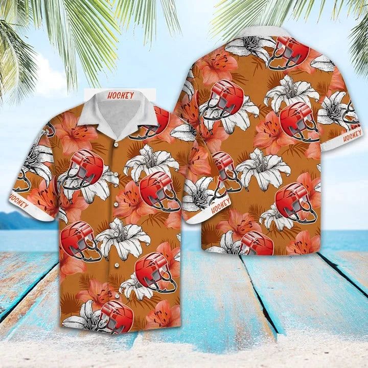 Flower Hawaiian Shirt Men, Vivid Flower And Hockey Helmet Gift For Hockey Lover Hawaiian Shirt