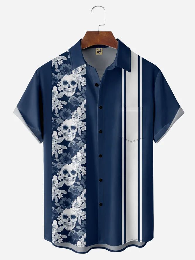 Flower Skull Chest Pocket Short Sleeve Bowling Shirt Flower Skull Chest Pocket Short Sleeve Bowling Shirt