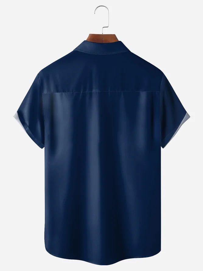 Flower Skull Chest Pocket Short Sleeve Bowling Shirt