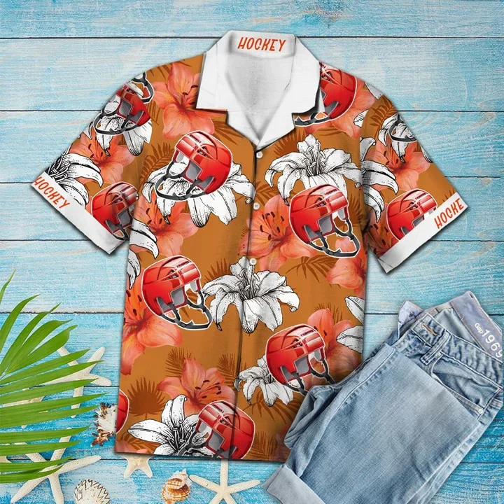 Flower Trendy Hawaiian Shirt Men, Vivid Flower And Hockey Helmet Gift For Hockey Lover Trendy Hawaiian Shirt Flower Trendy Hawaiian Shirt Men, Vivid Flower And Hockey Helmet Gift For Hockey Lover Trendy Hawaiian Shirt
