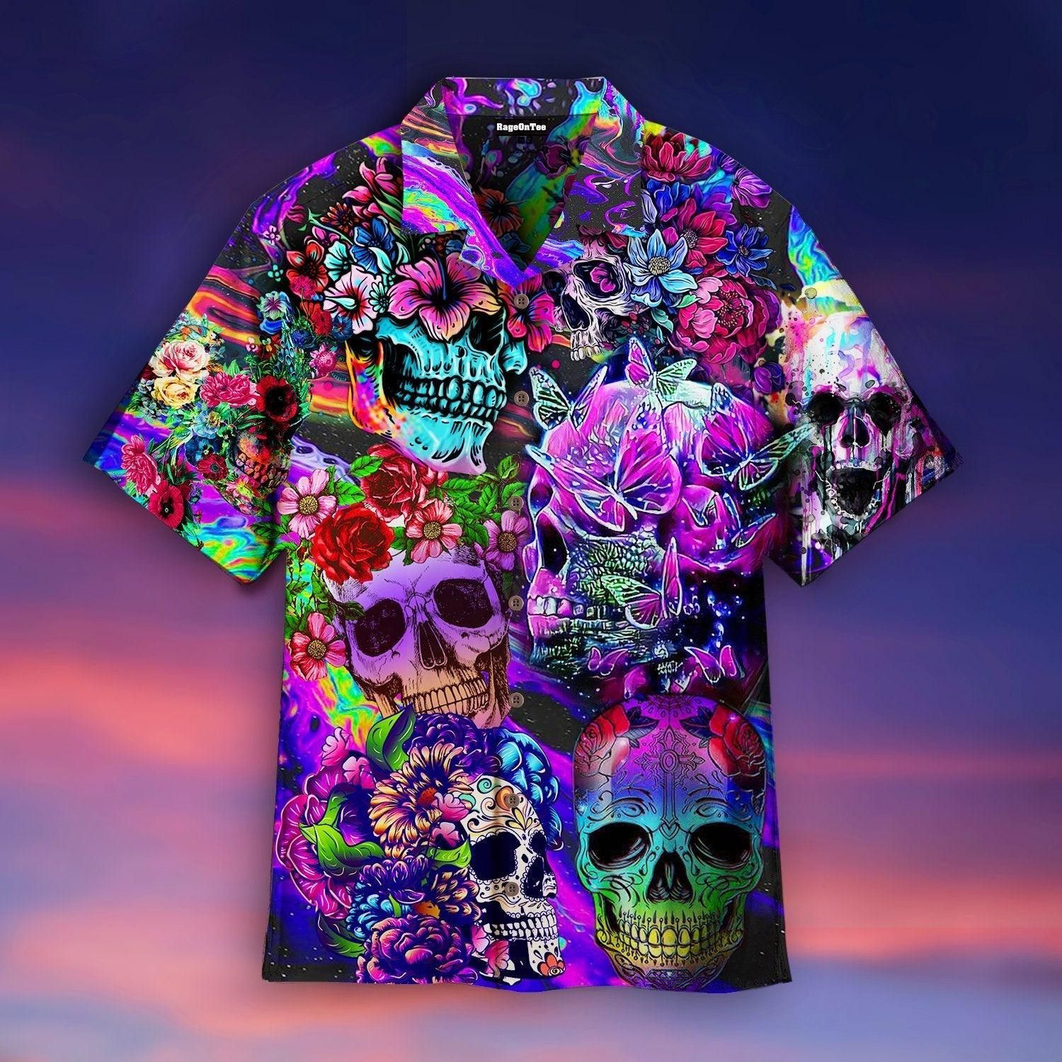 Flowers Hippies Colorful Skull Trendy Hawaiian Shirt