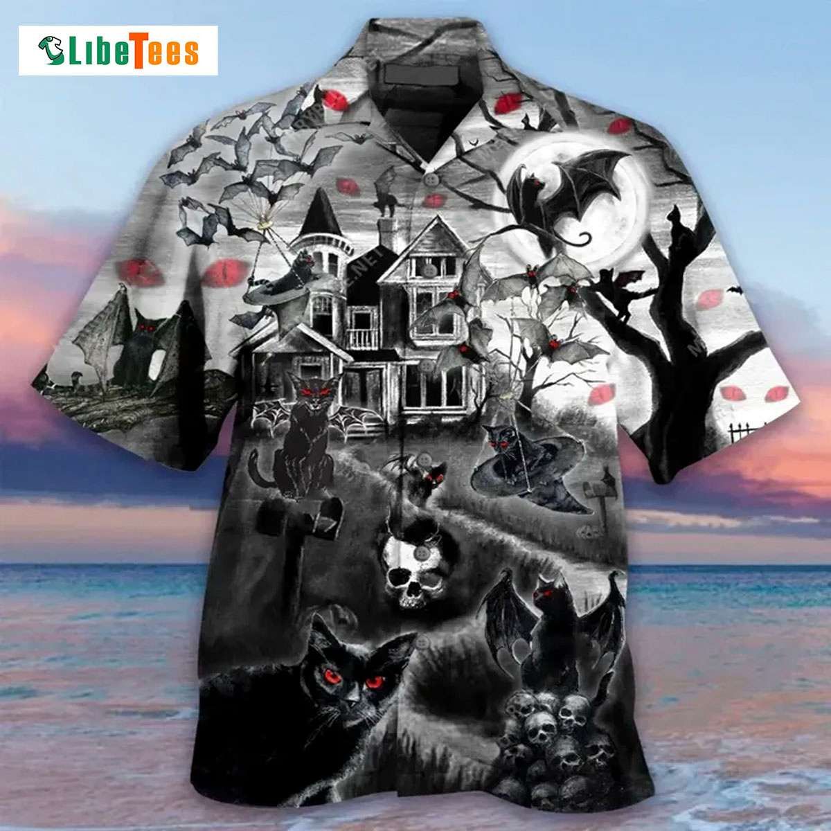 Flying Cats Celebrating Halloween on Hawaiian Shirt