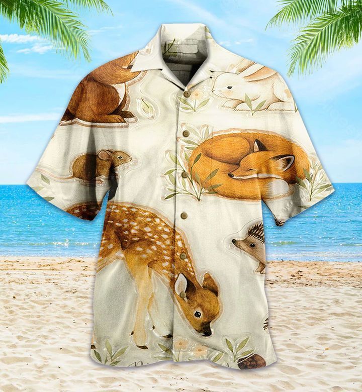 Forest Animals Fawn and Fox Brown Hawaiian Shirt Ideal Summer Gifts