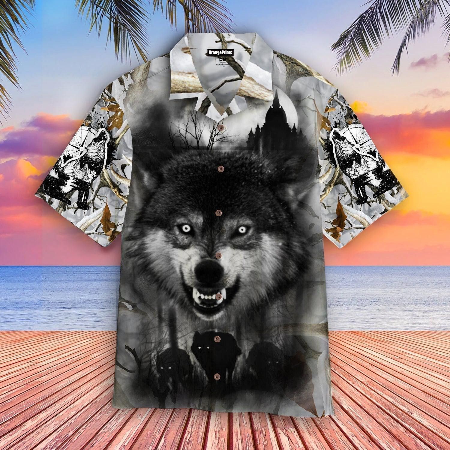 Forest Scene Wolf in Hunting Mode Hawaiian Shirt