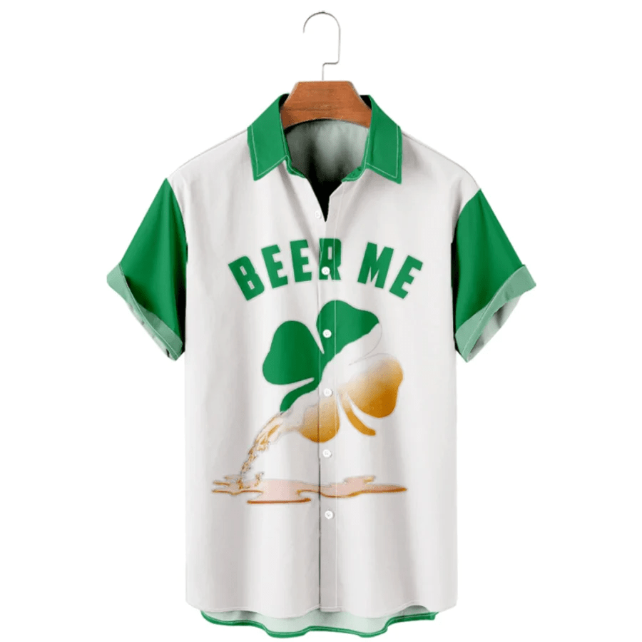 Four Leaf Clover Beer Casual Loose Men’s, St. Patrick’s Trendy Hawaiian Shirt, Irish Hawaiian