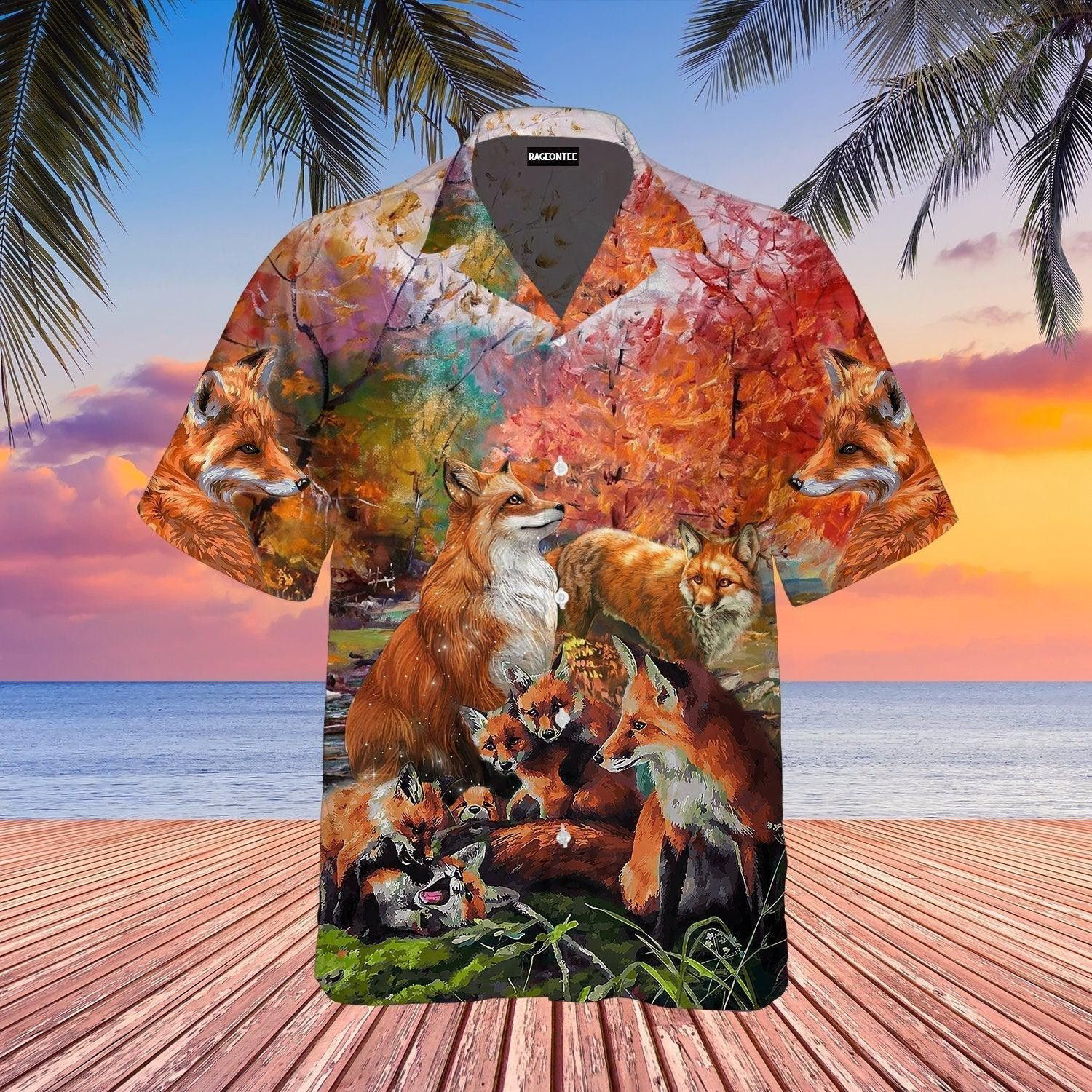 Fox Hunting Under The Autumn Flowers Forest Trendy Hawaiian Shirt For