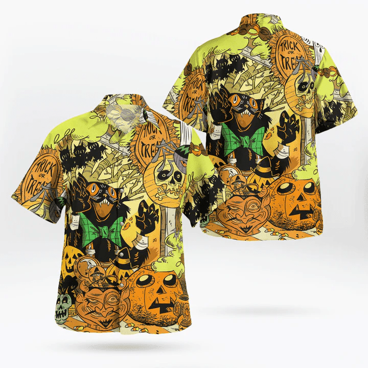 Freaking Room Trick Or Treat Black Cat Pumpkin Spooky Halloween Trendy Hawaiian Shirt, Unisex Print Aloha Short Sleeve Casual Shirt