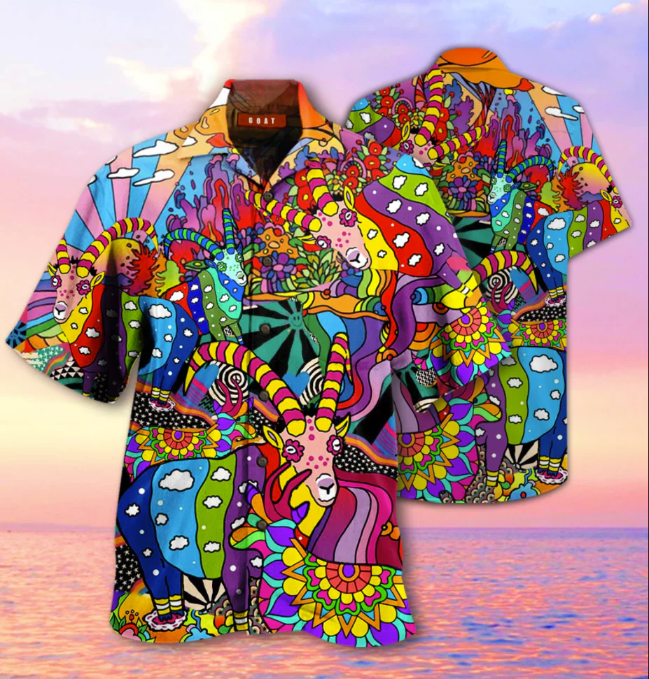 Free Spirited Goats on a Hippie Hawaiian Shirt