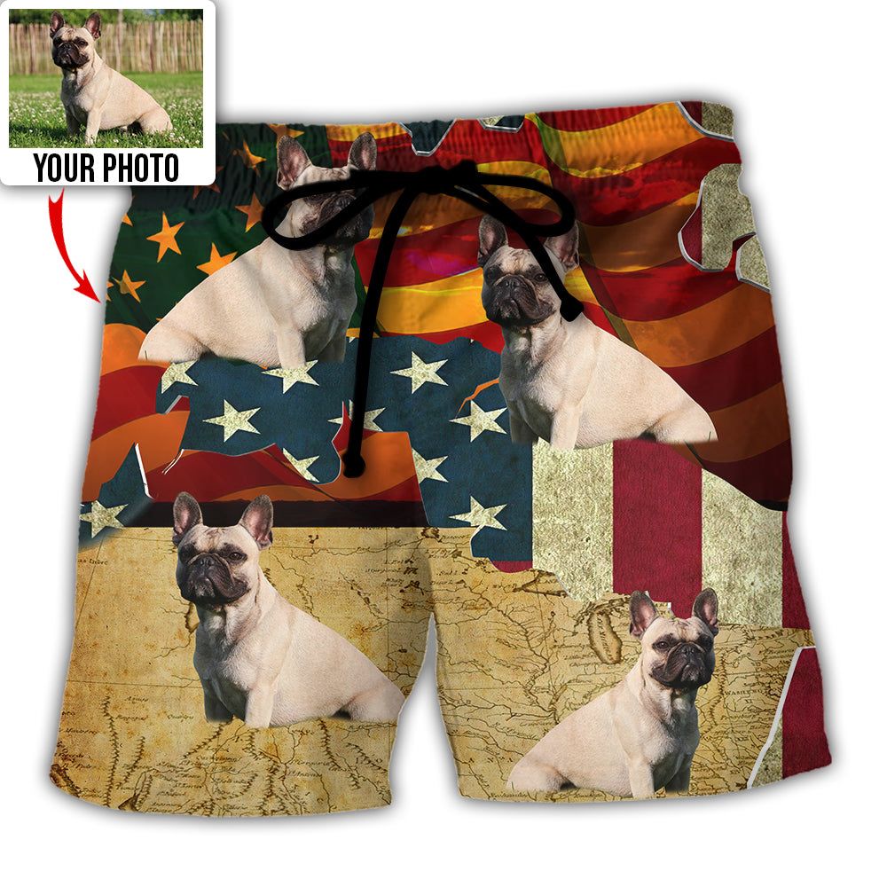 French Bulldog America Sunset Custom Photo Trendy Aloha Hawaiian Beach Shorts French Bulldog America Sunset Custom Photo Trendy Aloha Hawaiian Beach Shorts