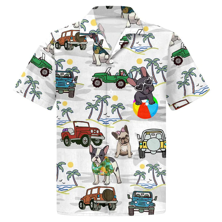 French Bulldog And Jeep Trendy Hawaiian Shirt Beach Shirt Gift For French Bulldog Mom French Bulldog Dad, Trendy Hawaiian Shirt Short Sleeves