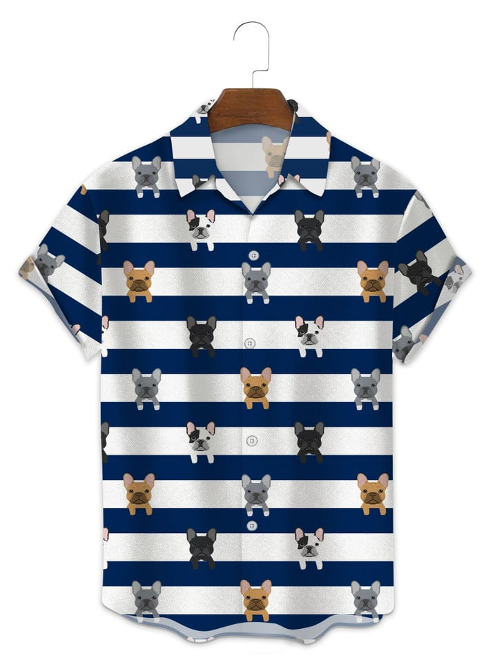 French Bulldog Blue Stripes Trendy Hawaiian Shirt