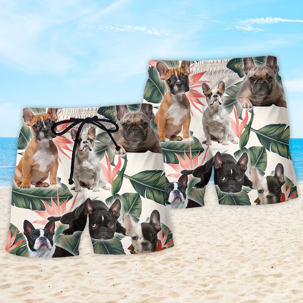 French Bulldog Cool Tropical Leaf Trendy Aloha Hawaiian Beach Shorts