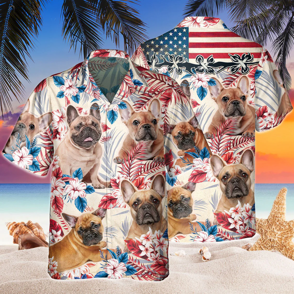 French Bulldog Dog United States Flag Hawaiian Flowers All Over Printed 3D Hawaiian Shirt