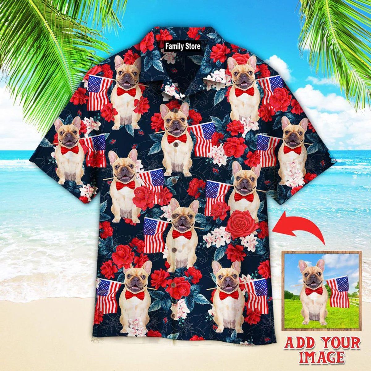 French Bulldog Holding Flag Usa On Red Rose Tropical Custom Hawaiian Shirt