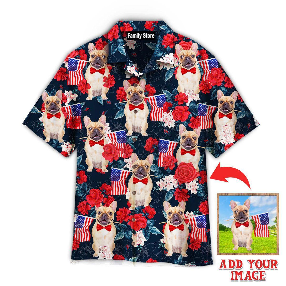 French Bulldog Holding Flag Usa On Red Rose Tropical Custom Hawaiian Shirt