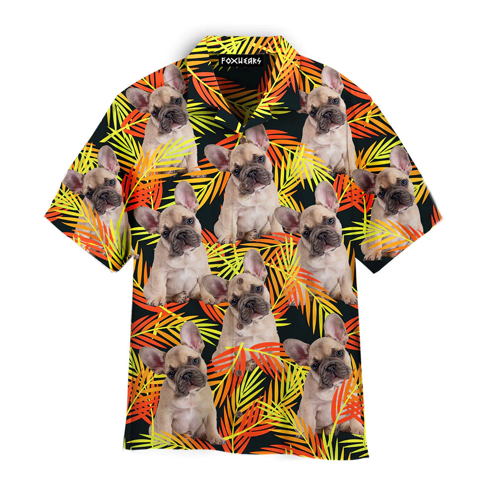 French Bulldog Sitting Up Fern Leaves Seamless Trendy Hawaiian Shirt For Aloha Shirt