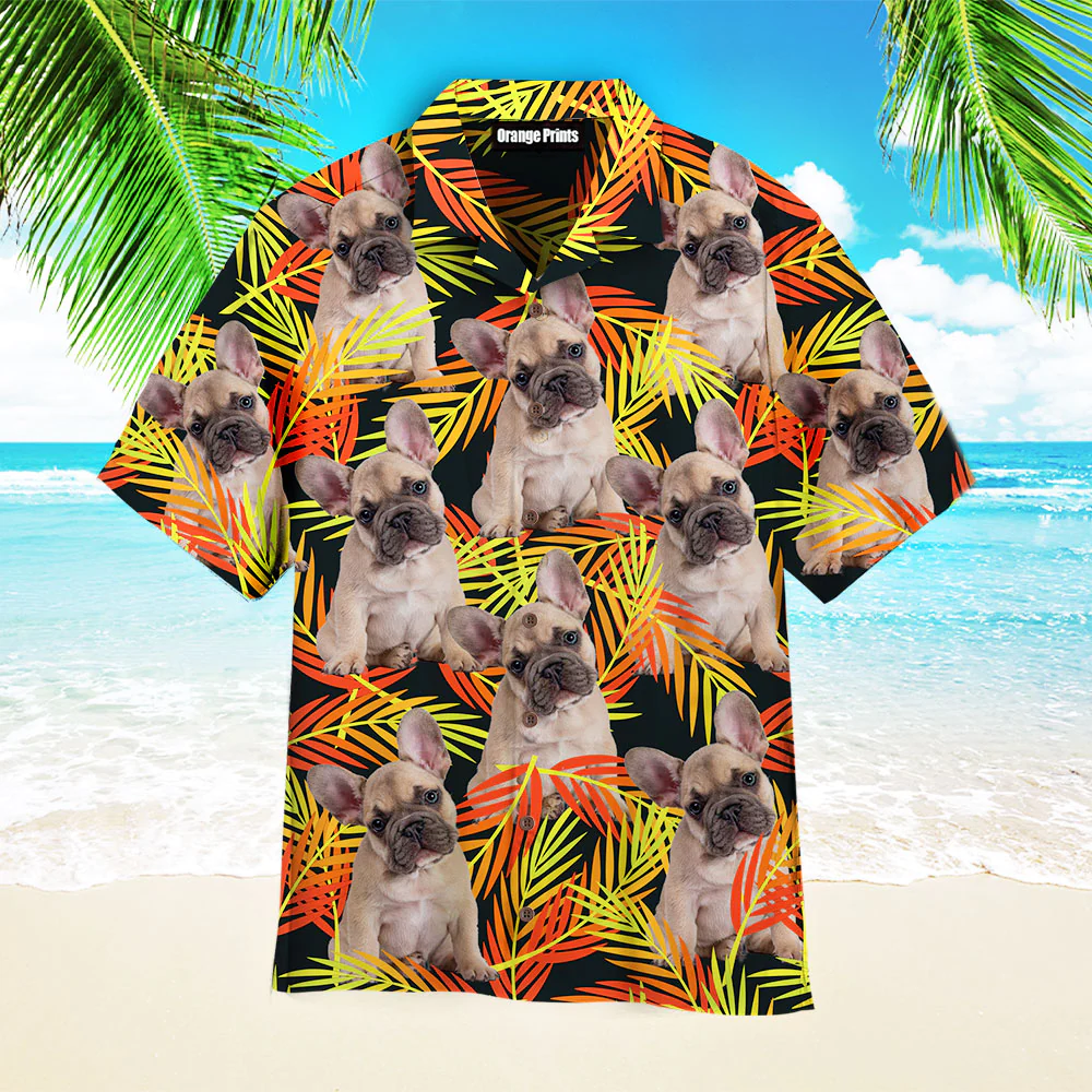 French Bulldog Sitting Up Fern Leaves Seamless Trendy Hawaiian Shirt For Aloha Shirt