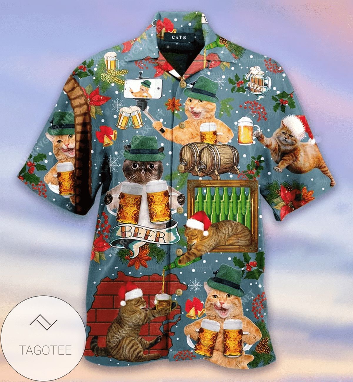 Frolicking Cats Enjoying a Beer on This Fun Hawaiian Shirt