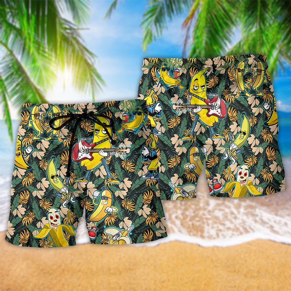 Fruit Happy Bananas Tropical Leaf Trendy Aloha Hawaiian Beach Shorts