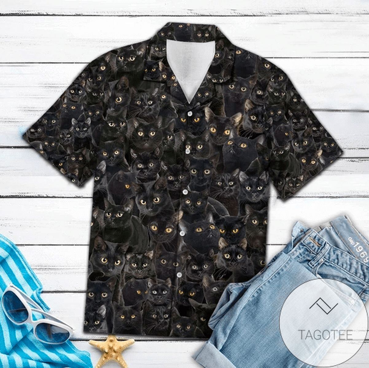 Full Moon Night with Black Cat Magic on Hawaiian Shirt Design