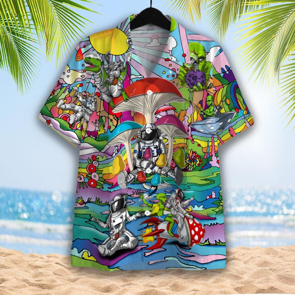 Funny Astronaut Are Playing With Alien Hippie Trendy Hawaiian Shirt