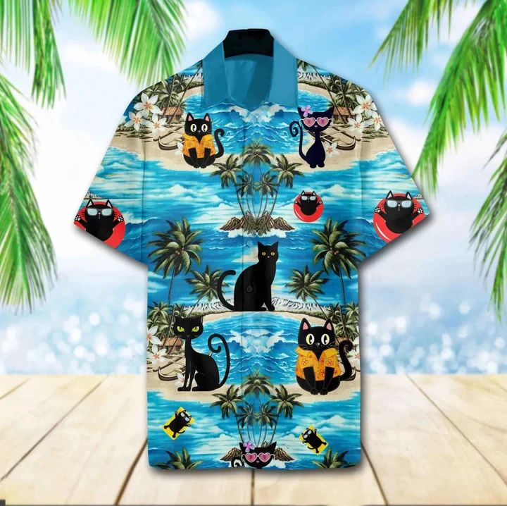 Funny Black Cat Chilling On The Beach Trendy Hawaiian Shirt