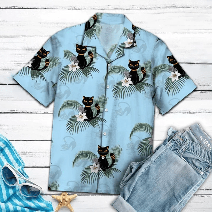Funny Black Cat Tropical Plants On Blue Trendy Hawaiian Shirt, Black Cat Trendy Hawaiian Shirt For Men And Women Funny Black Cat Tropical Plants On Blue Trendy Hawaiian Shirt, Black Cat Trendy Hawaiian Shirt For Men And Women