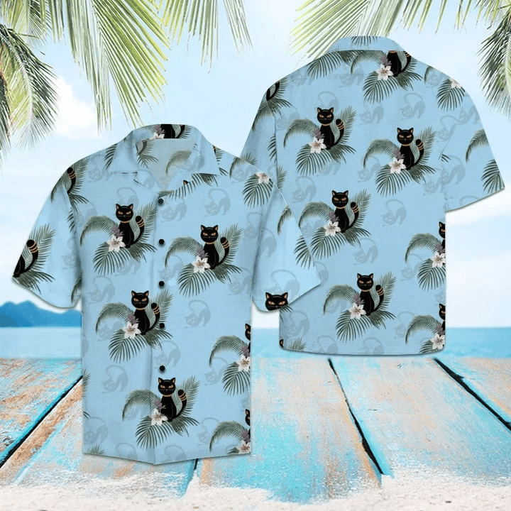 Funny Black Cat Tropical Plants On Blue Trendy Hawaiian Shirt, Black Cat Trendy Hawaiian Shirt For Men And Women