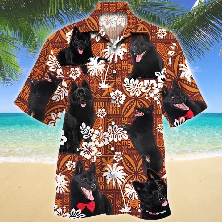 Funny Black Schipperke Dog On Red Tribal Pattern Trendy Hawaiian Shirt Funny Black Schipperke Dog On Red Tribal Pattern Trendy Hawaiian Shirt