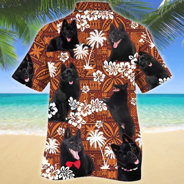 Funny Black Schipperke Dog On Red Tribal Pattern Trendy Hawaiian Shirt