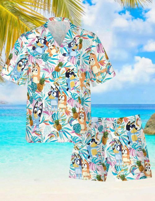 Funny Bluey Tropical Beach Hawaiian Shirt Shorts Summer Combo