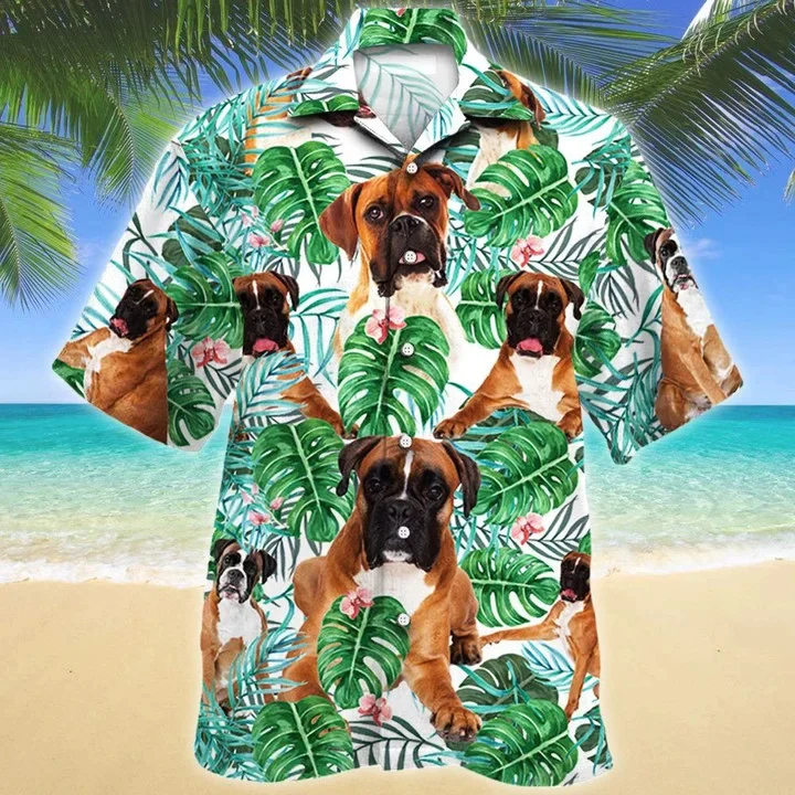 Funny Boxer Dog Tropical Plant Summer Beach Palm Tree Pattern Trendy Hawaiian Shirt Funny Boxer Dog Tropical Plant Summer Beach Palm Tree Pattern Trendy Hawaiian Shirt