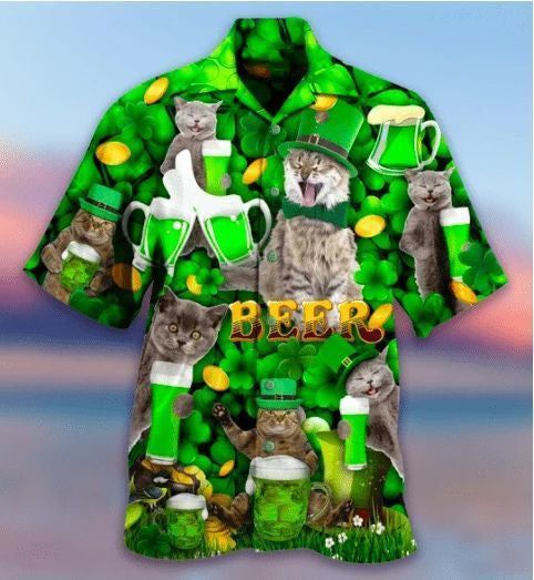 Funny Cat With Beer On Saint Patrick’s Day Hawaiian Shirt