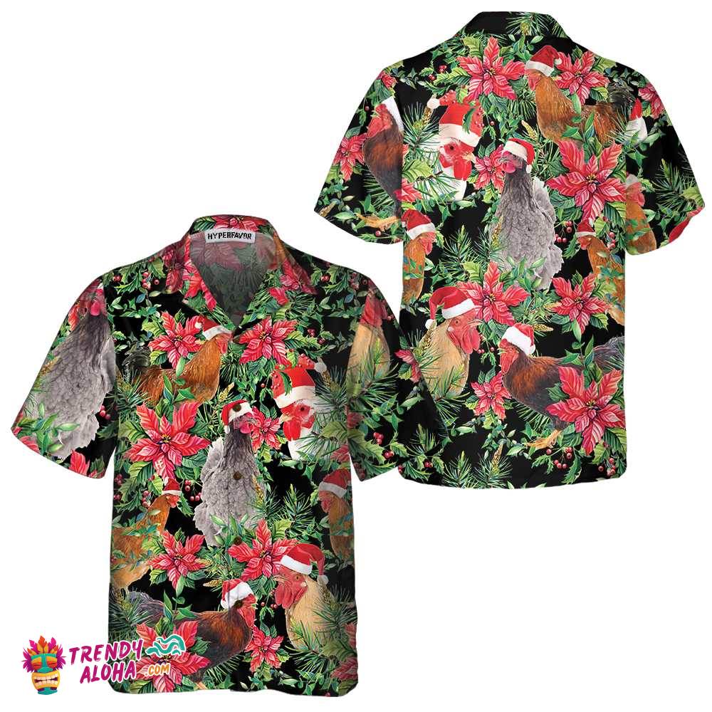 Funny Chicken With Christmas Plants Hawaiian Shirt Funny Chicken With Christmas Plants Hawaiian Shirt