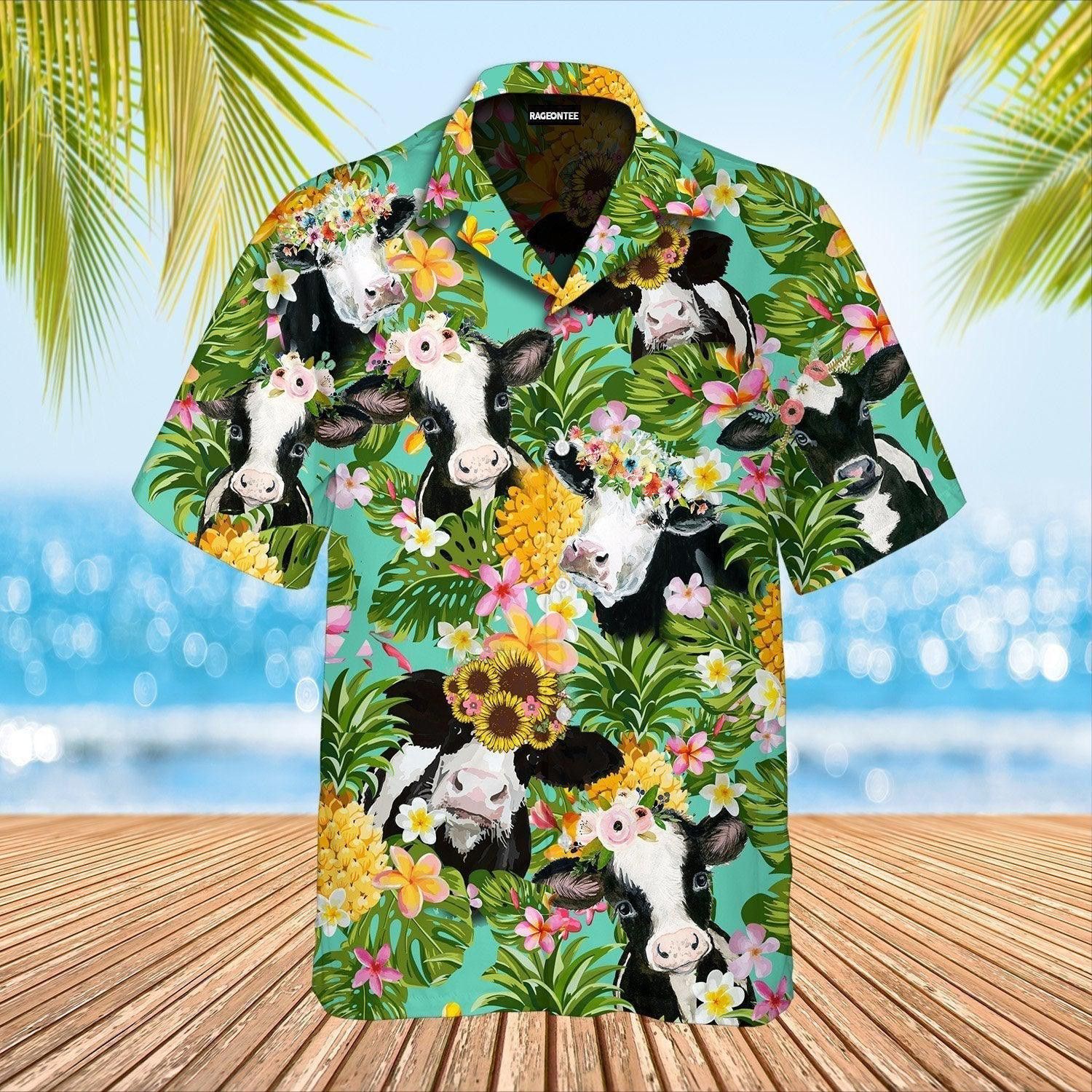 Funny Cow With Flowers Trendy Hawaiian Shirt For